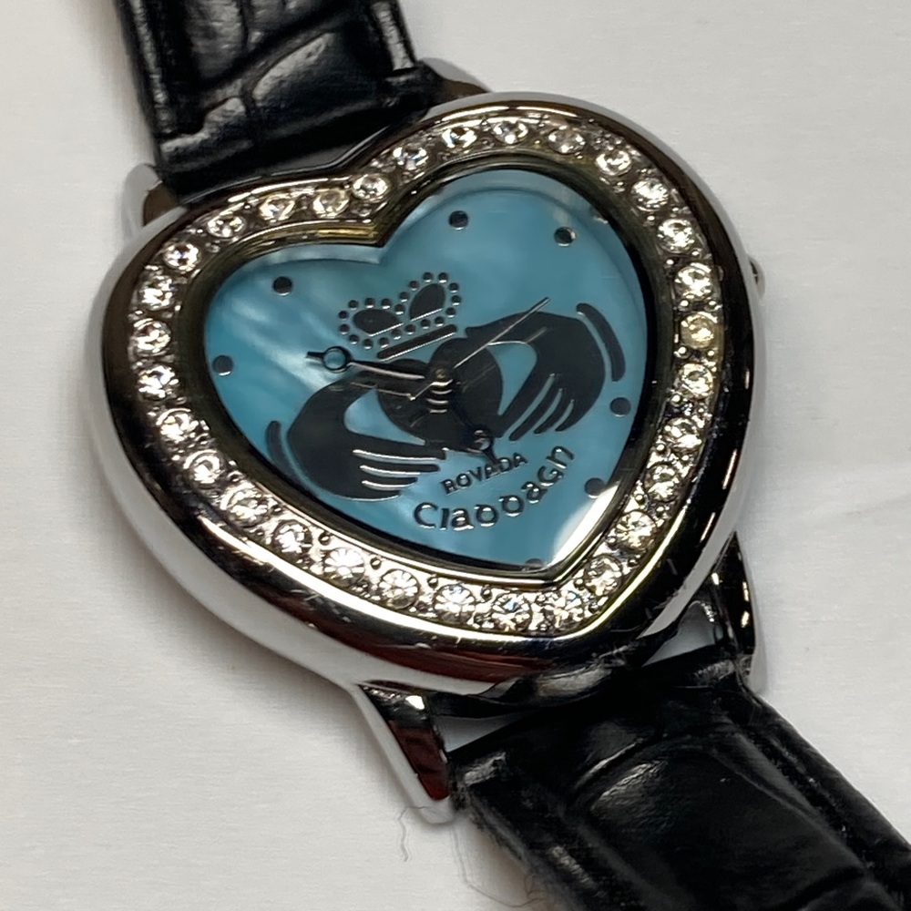 Rovada Claddagh Watch Women Silver Tone Heart blue Dial New Battery black strap